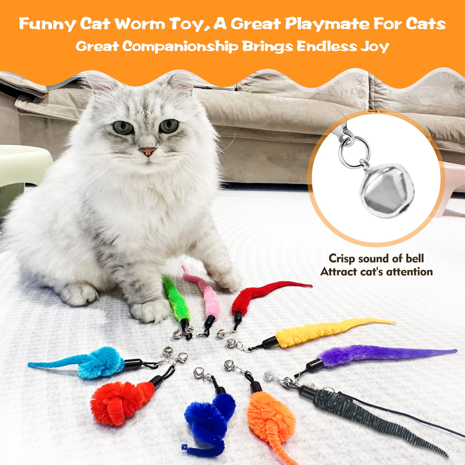 Fuzzy Worm Cat Wand Refills with Bells (10 Pack)