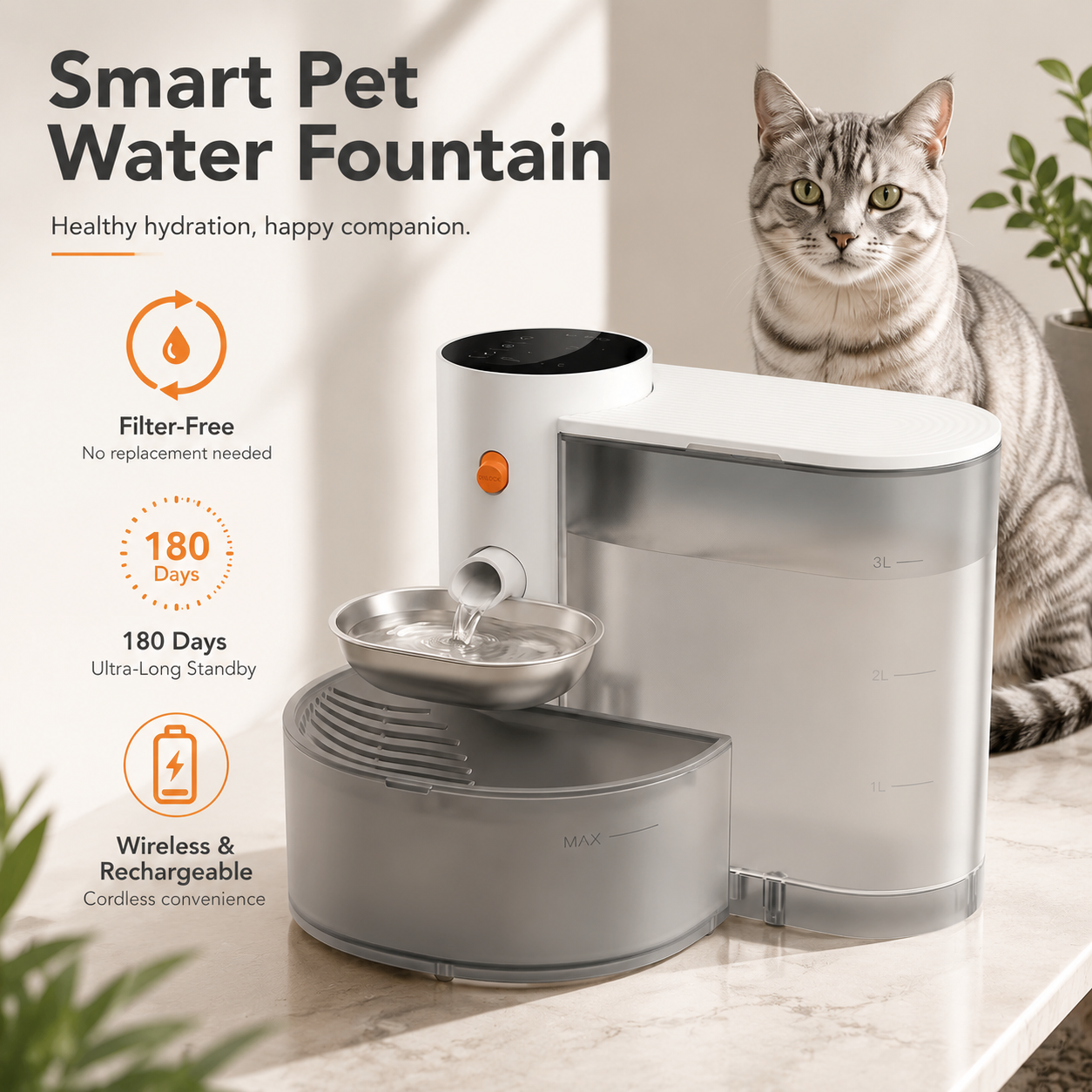 Cordless Filter-Free Cat Water Fountain 3L