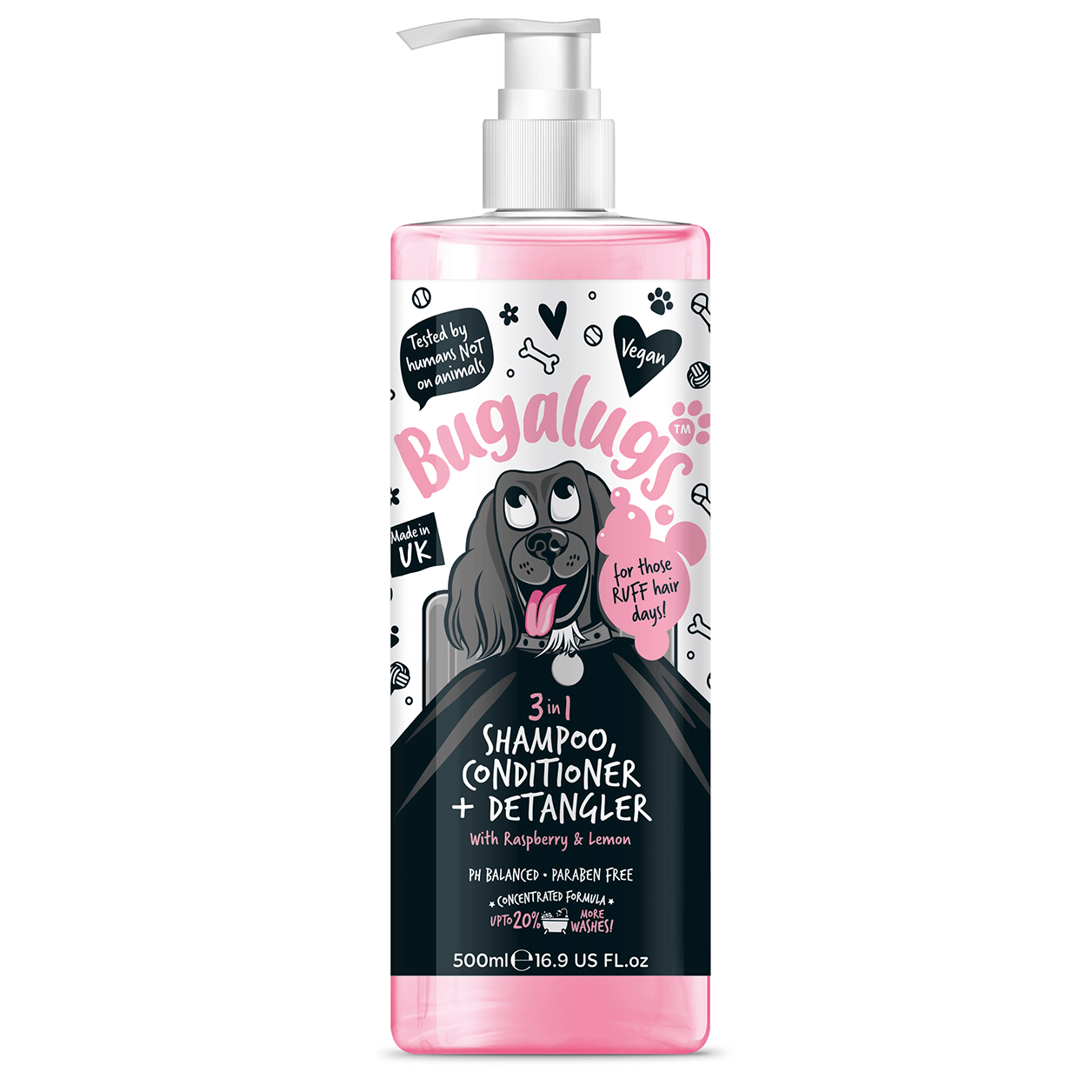 Bugalugs 3-in-1 Dog Shampoo, Conditioner & Detangler – Raspberry & Lemon 500ml