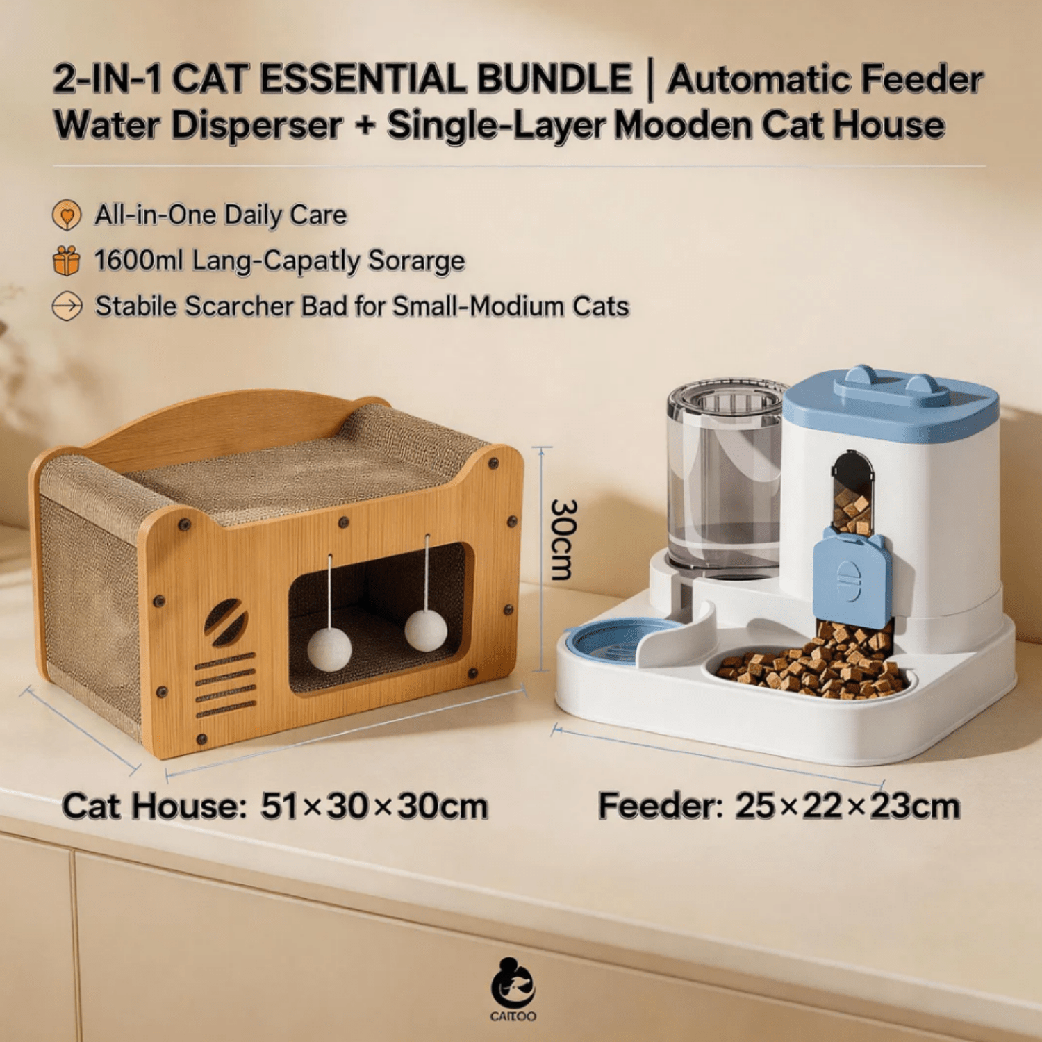 Cat Scratcher House with Built-In Feeder & Water Bowl