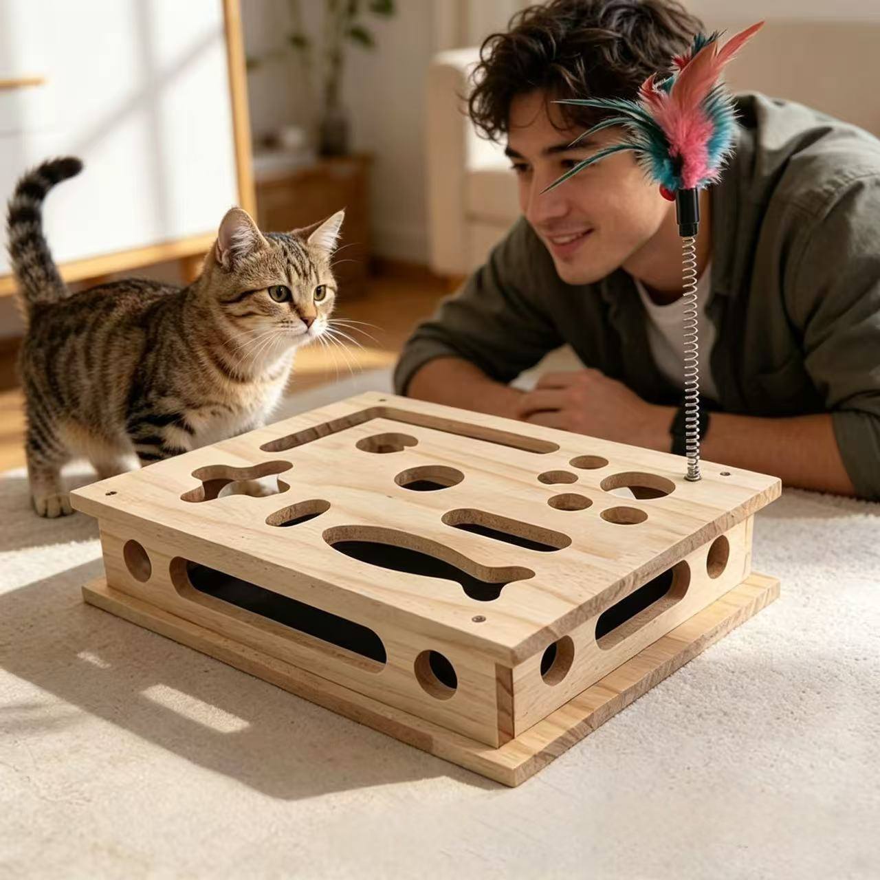 Wooden Cat Scratching & Teasing Box