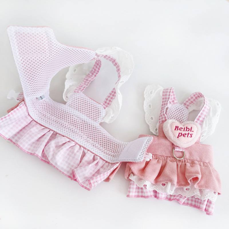 Pink Gingham Harness Dress with Lace Trim