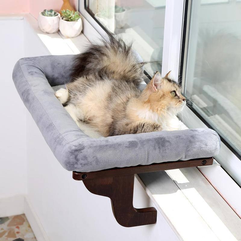 Plush Cat Window Perch Bed with Wooden Bracket