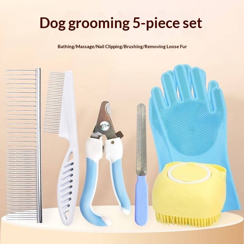 5-Piece Pet Grooming Set: Combs, Clippers & Bath Glove