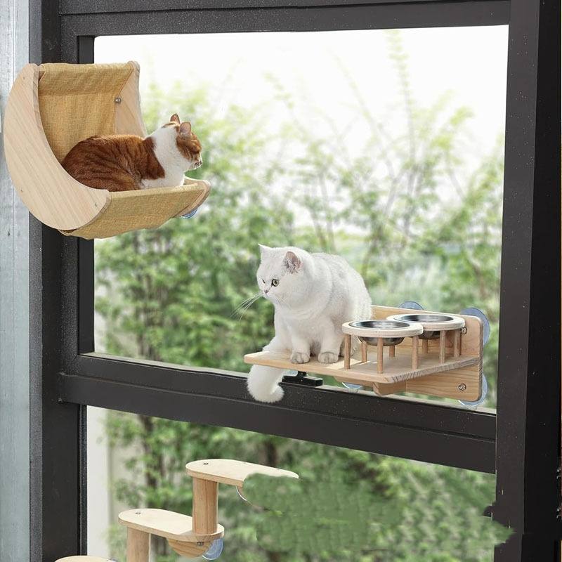 Cat Window Perch with Feeding Bowls & Hammock