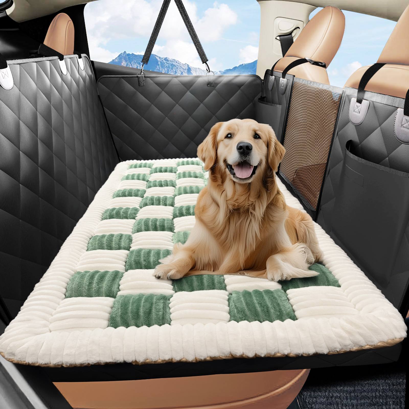 Checkered Dog Car Back Seat Bed & Cover