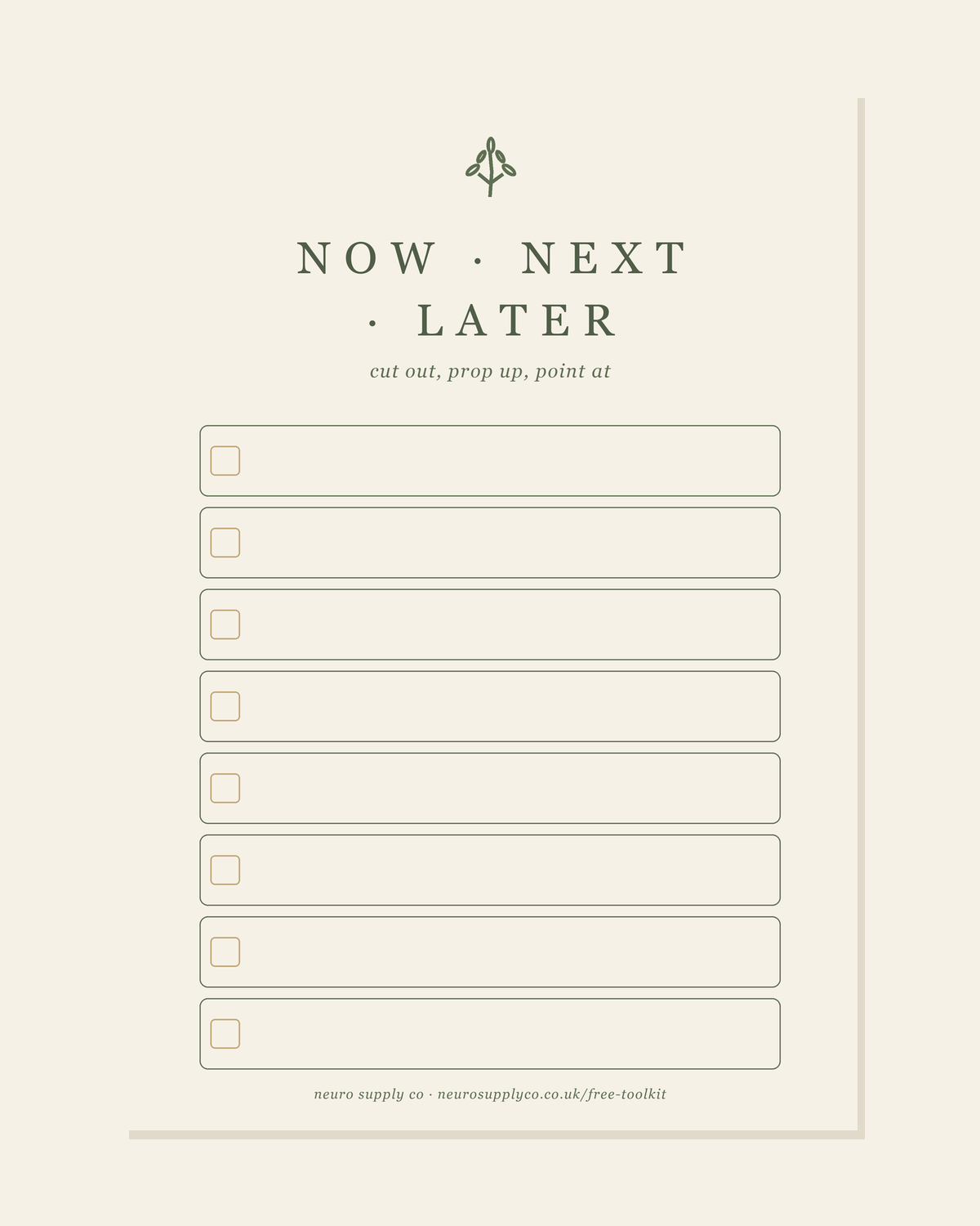 Now / Next / Later — Printable Cards